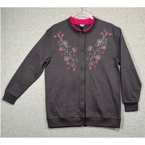 Comfort Corner Embroidered Cardigan Sweater Gray Pink Floral Button Up M‎
